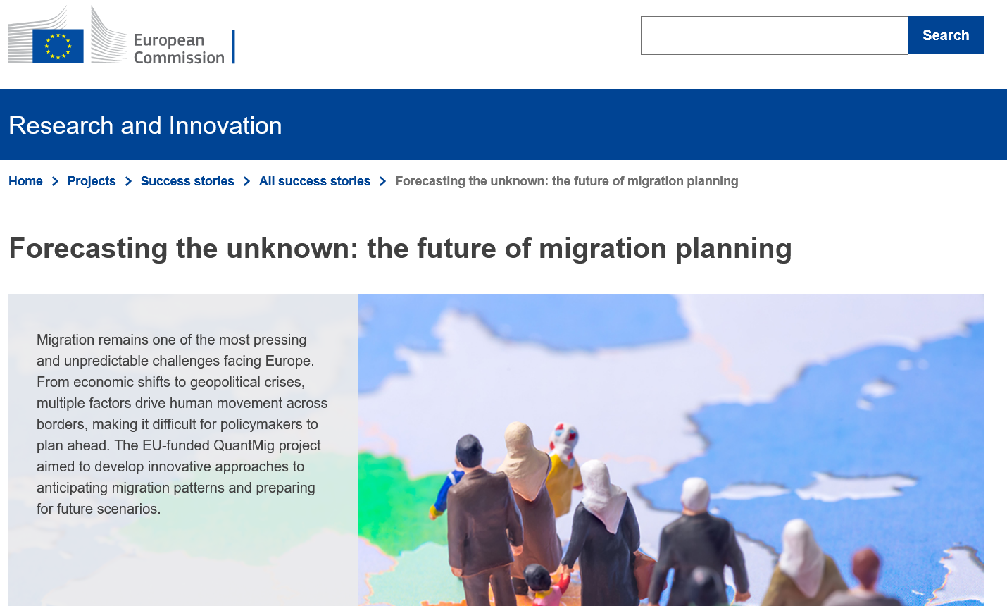 Screenshot from the EC R&I Services website with a QuantMig success story